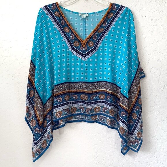 Sundance Island Medallion Sheer Poncho Womens Small Petite Oversized Blue Coast - Picture 1 of 6